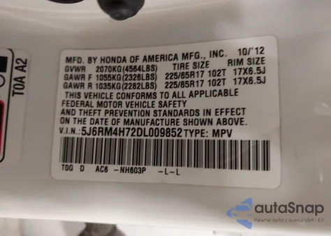 2013 Honda Cr-V Ex-L z USA, uszkodzony, nr VIN 5J6RM4H72DL009852